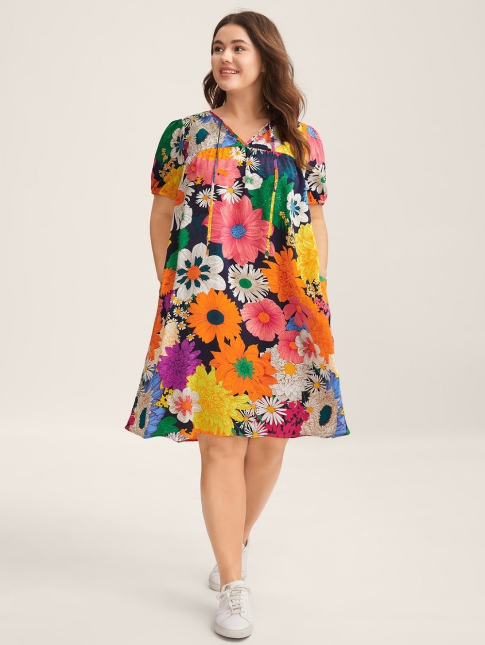 Large Floral Print Neck Tie Mini Dress